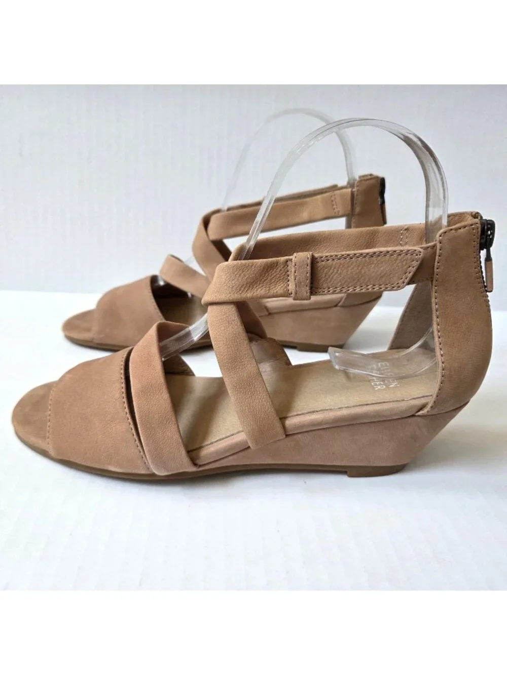 Eileen Fisher Shoes 7 Tan Mazy Nubuck Leather Strappy Demi Wedge Sandals NWOB